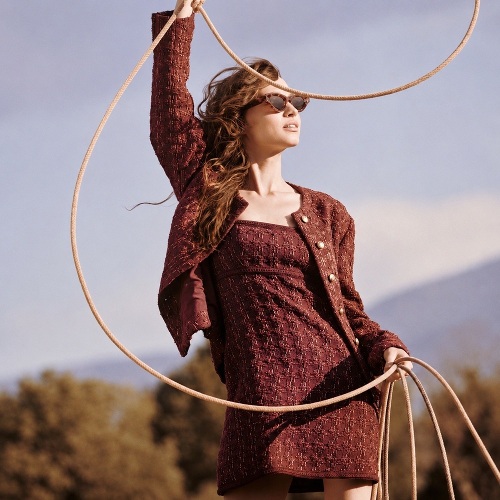 Hill House The Bennett Mini Dress in Burgundy Tweed Metallic Coquette Size XS